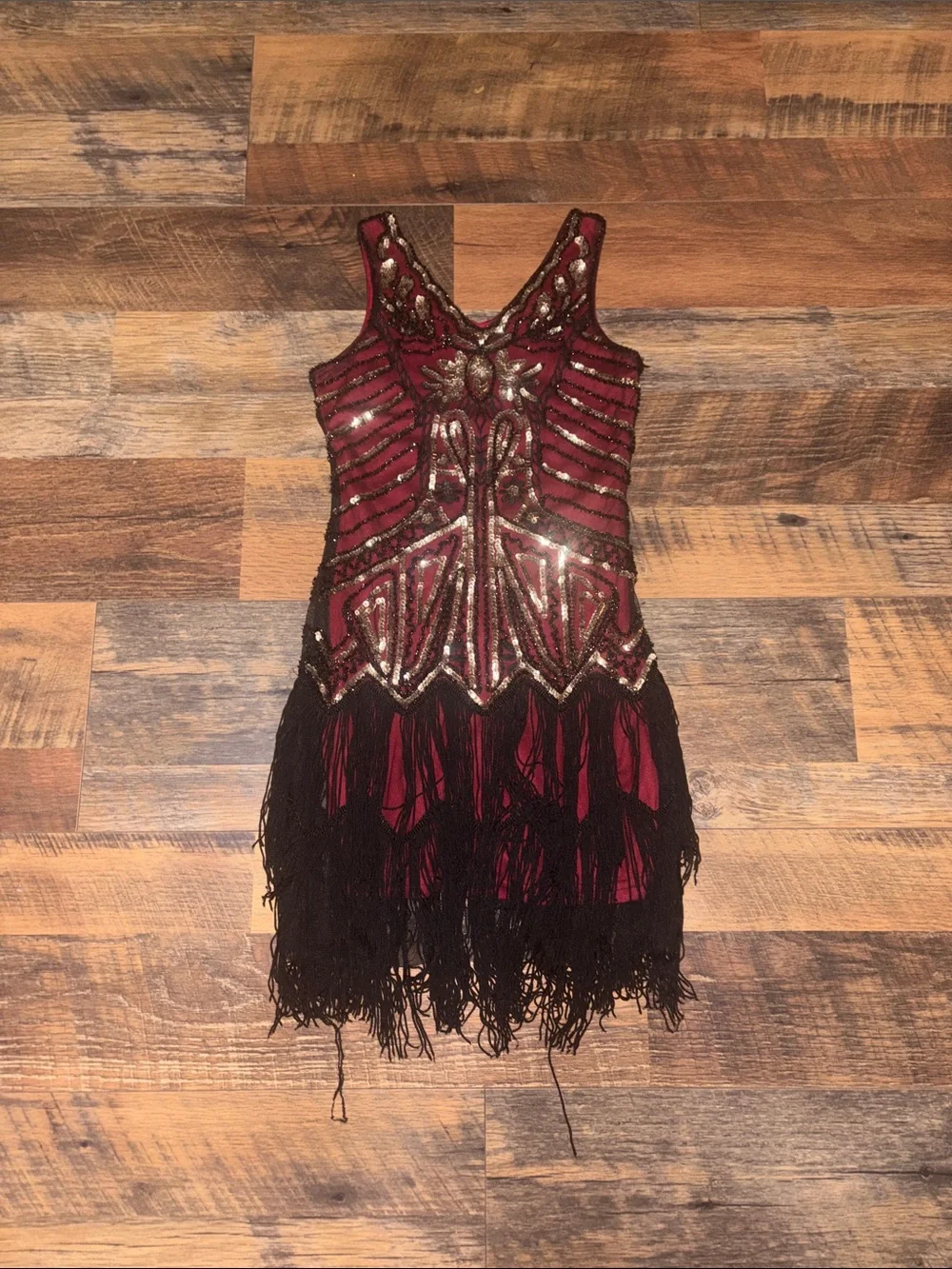 Girls Beaded Burgundy Flapper Fringe Dress
